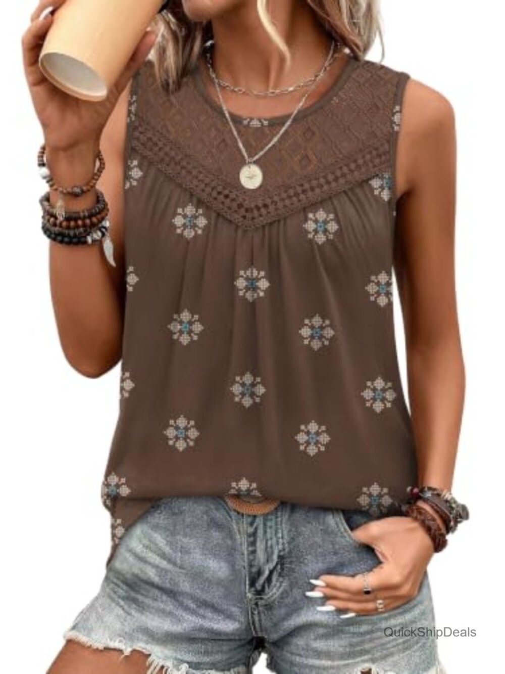 Womens Tank Top Sleeveless Lace Crochet Boho Pleated Tunic Loose Fit Summer